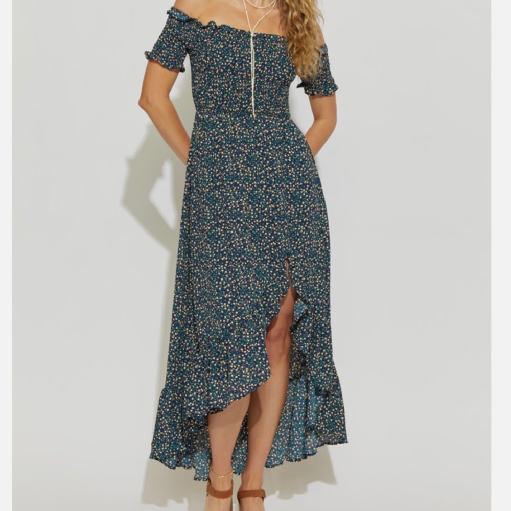 Francesca’s Norah Navy Ditsy Floral Off The Shoulder Maxi Dress